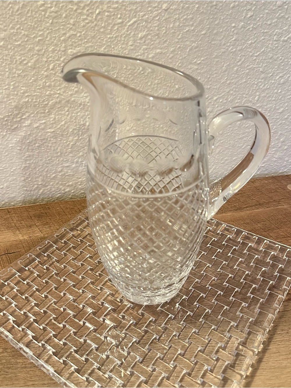 Signed Stiffel Crystal Pitcher with Textured Diamond Pattern
